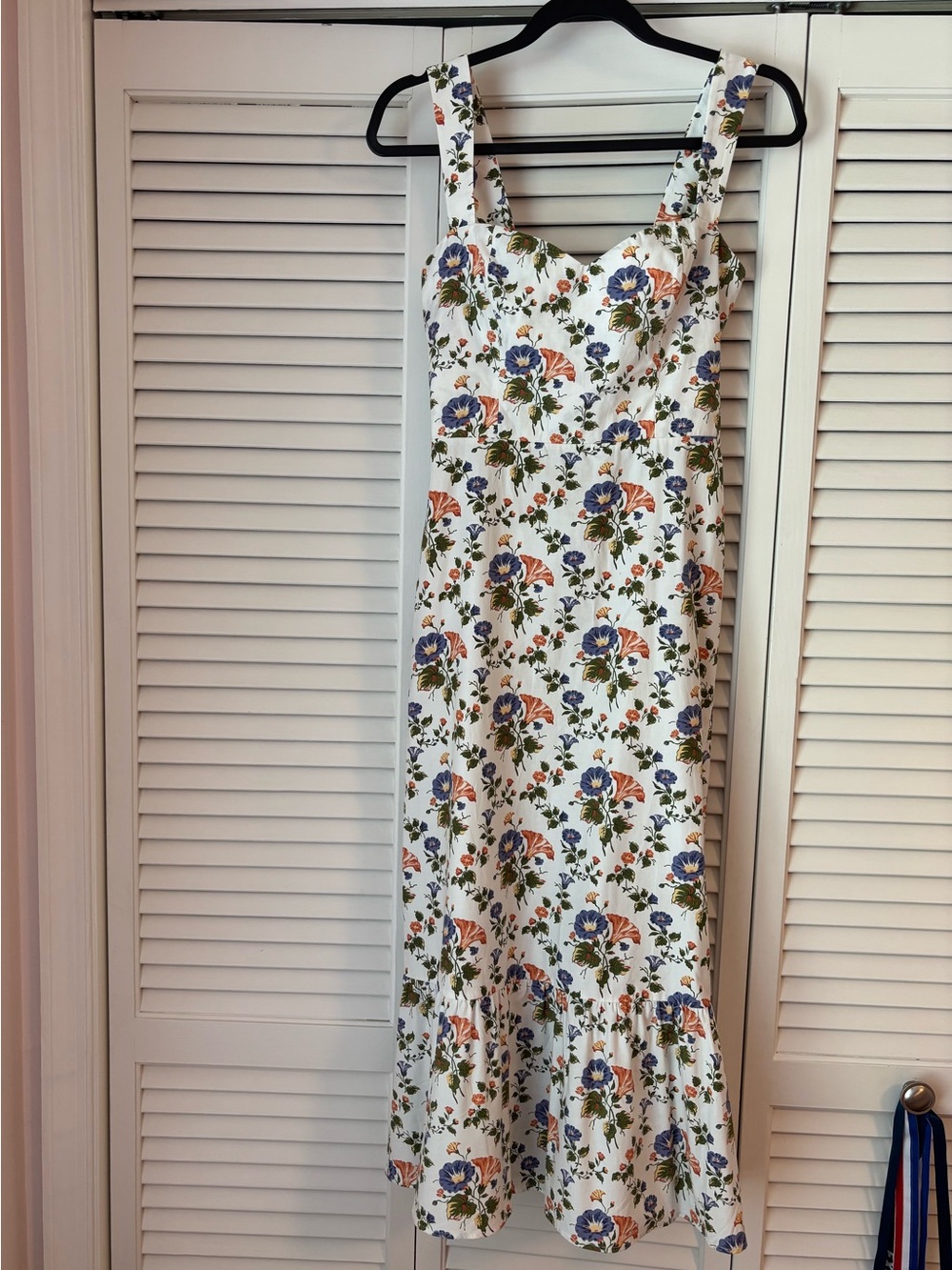 Reformation White Floral Maxi Dress with Blue and Rust Blooms